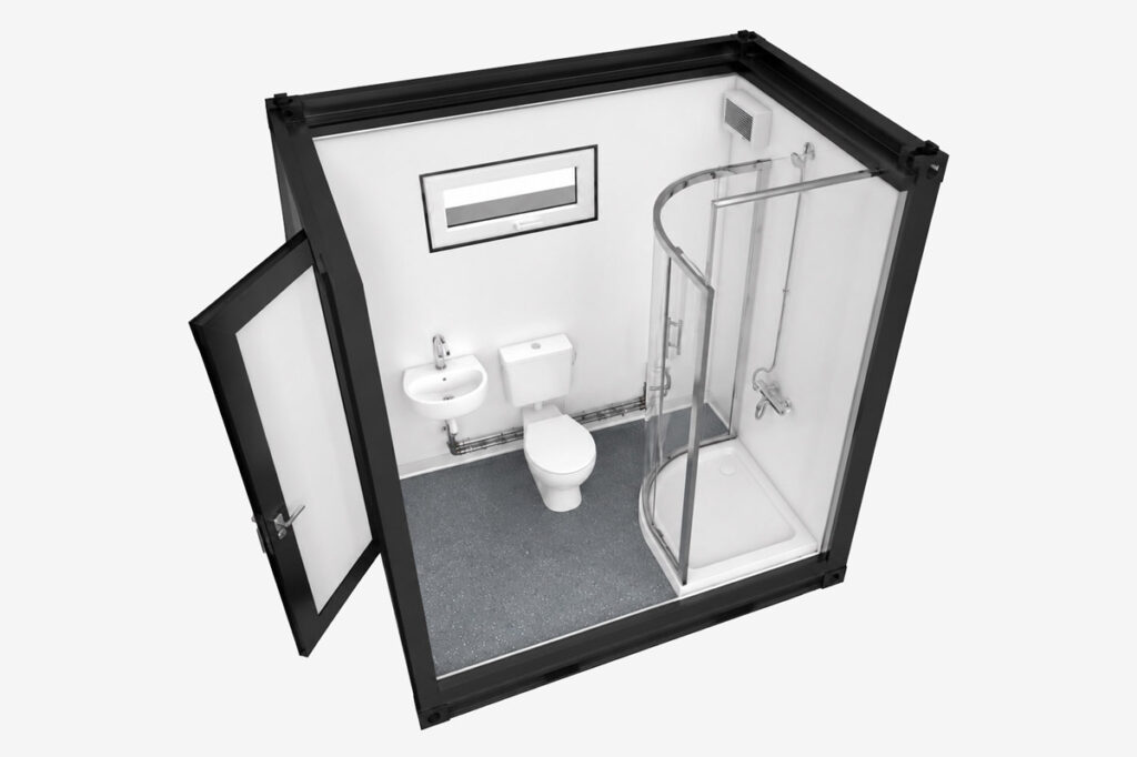 mittelgroßer Sanitärcontainer von Hintzen mit WC, Waschbecken und Dusche